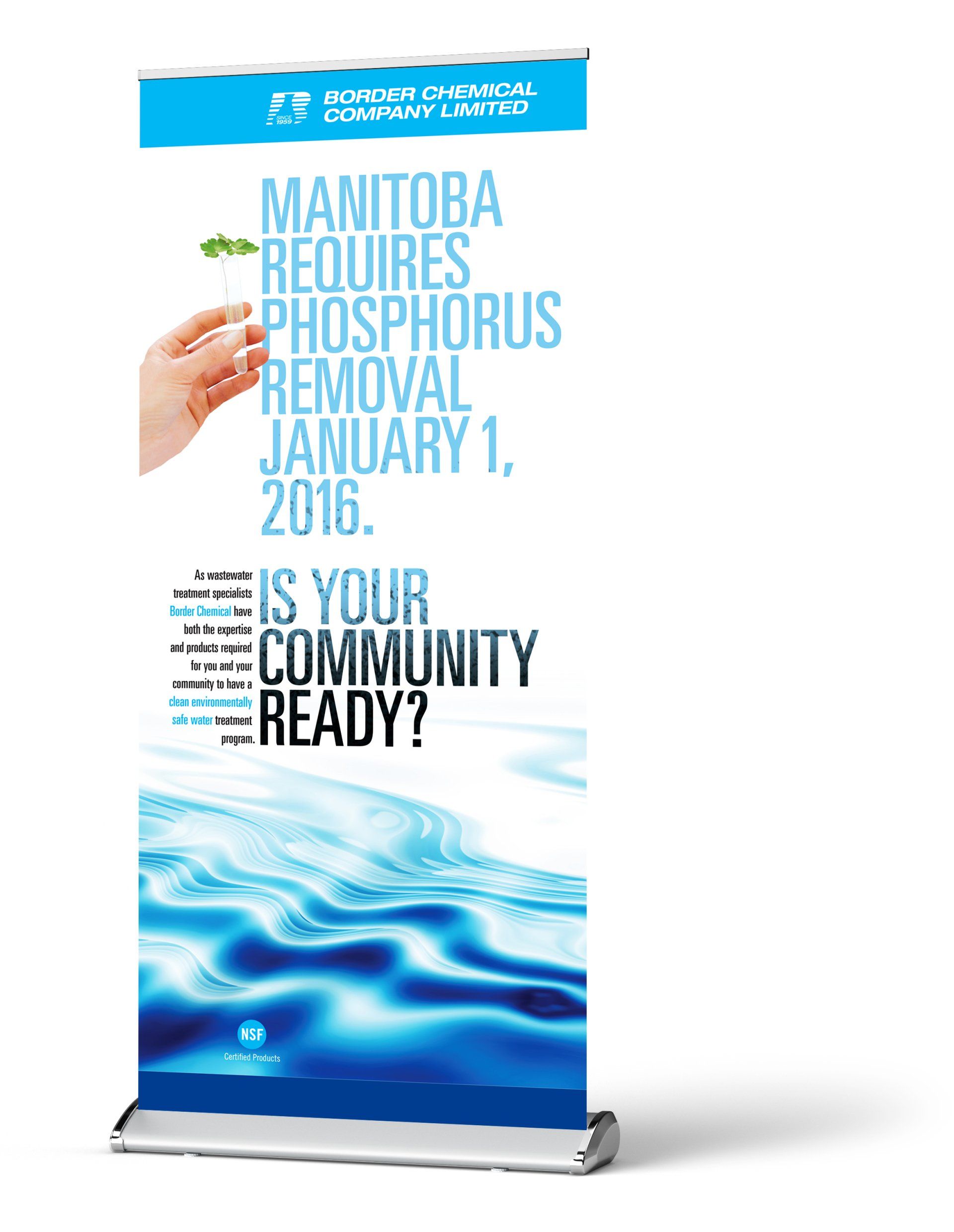 Roll-up banner: Manitoba requires phosphorus removal by Jan 1, 2016. Water background with a hand holding a sprout.