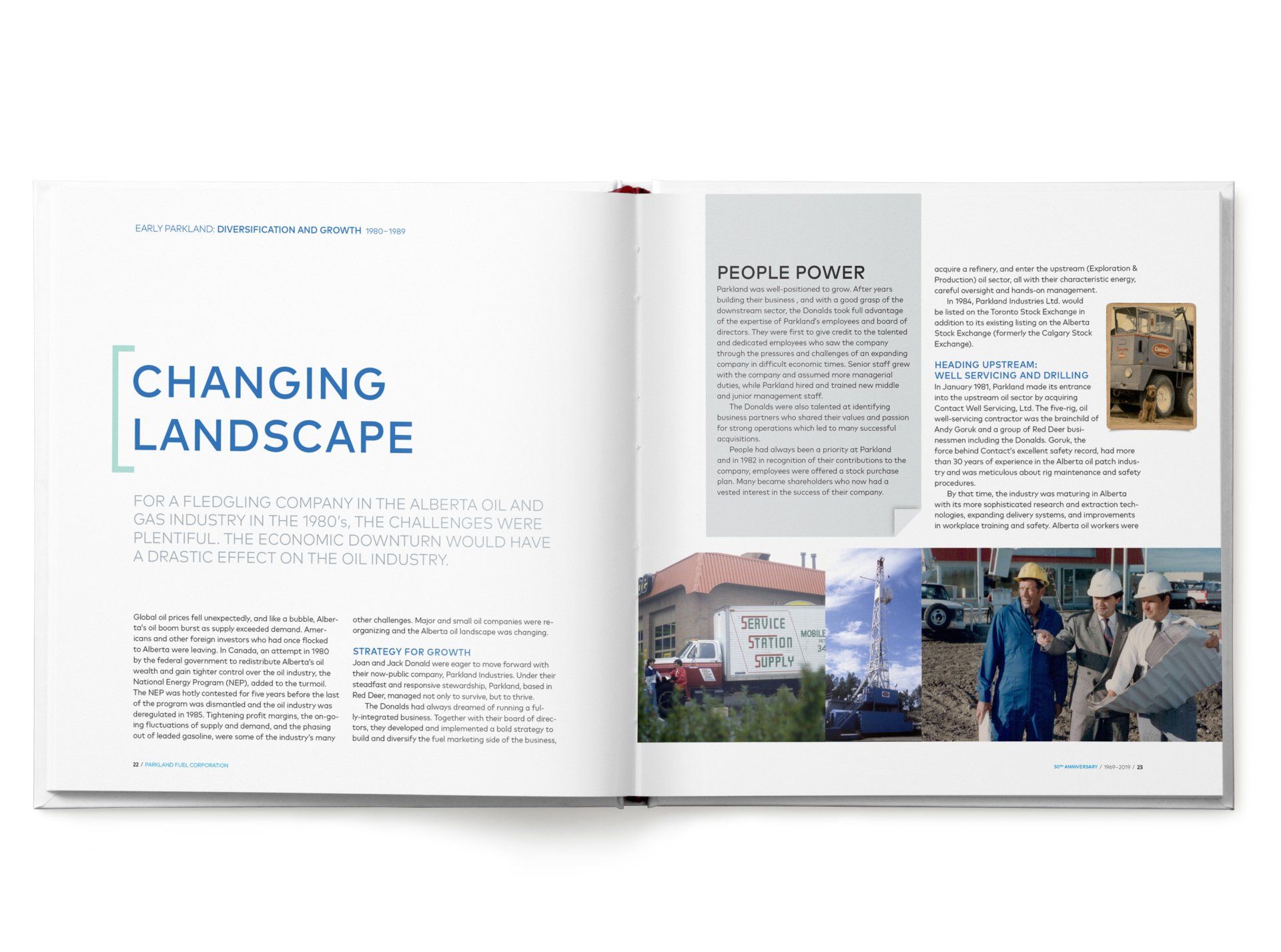 Open book spread with text and photos about a changing landscape, construction workers, and buildings.