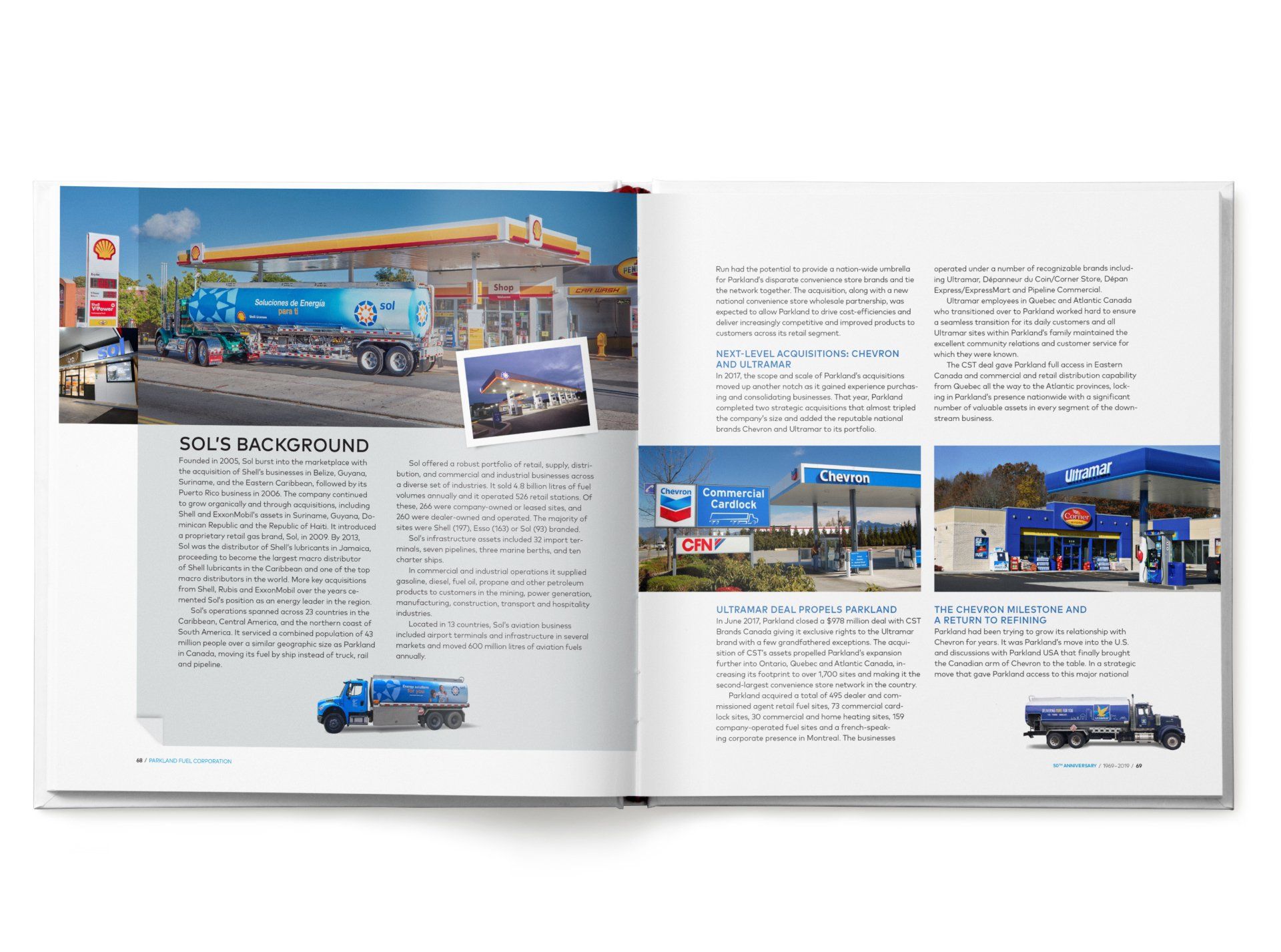 Spread of a book featuring images of gas stations, tanker trucks, and text.