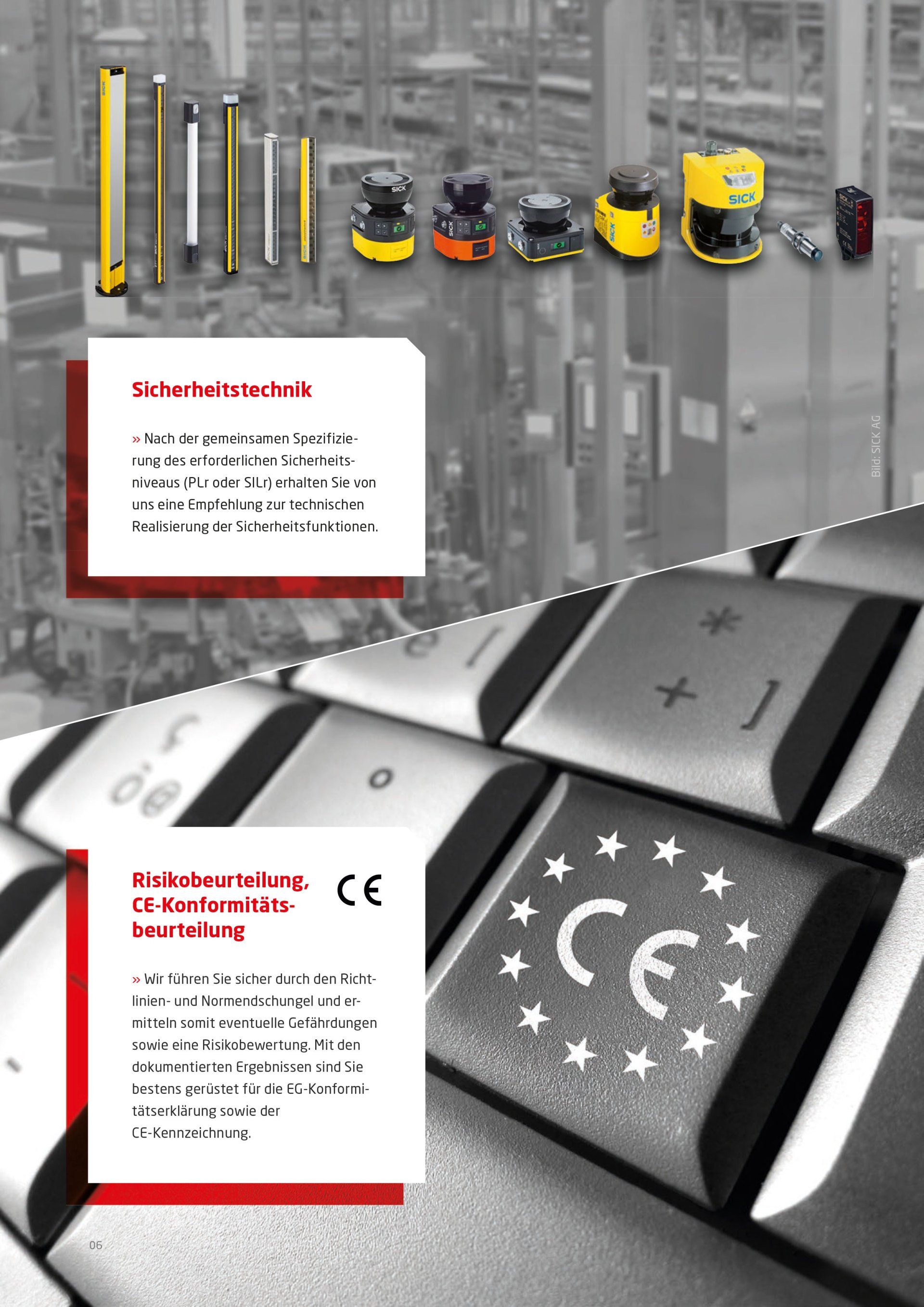 Eine Broschüre der Firma Grundtechnik zeigt im Hintergrund eine Tastatur und eine Lagerhalle.