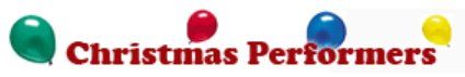 A logo for christmas performers with balloons in the background