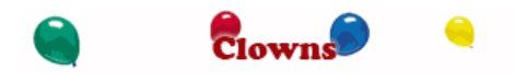 The word clowns is on a white background with balloons