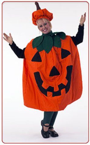 A woman in a pumpkin costume with her arms outstretched