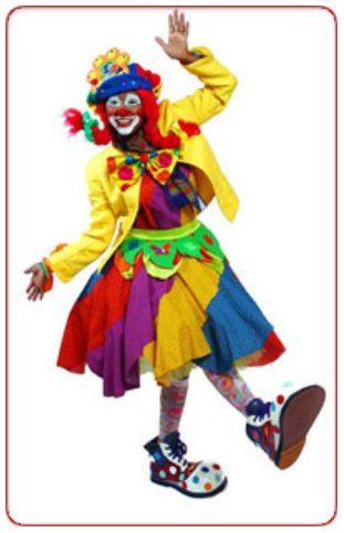 A woman in a clown costume is waving her hand