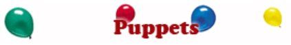 A logo for puppets with balloons in the background