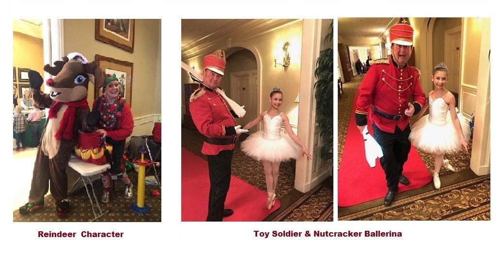 Three pictures of a man dressed as a reindeer , a ballerina and a nutcracker