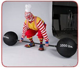 A clown is lifting a barbell that is 1000 lbs