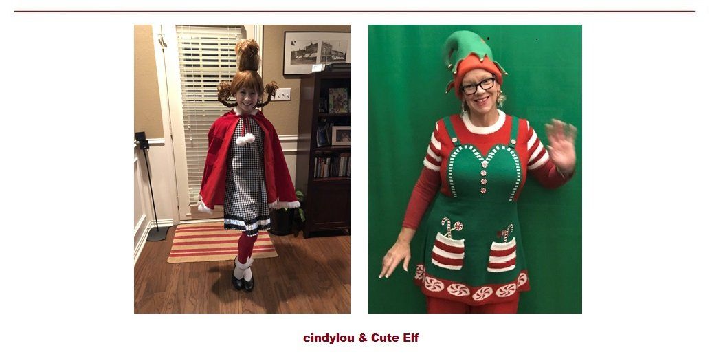 Two pictures of a girl in a red riding hood costume and an elf costume.