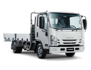 A white truck with a flat bed on a white background.