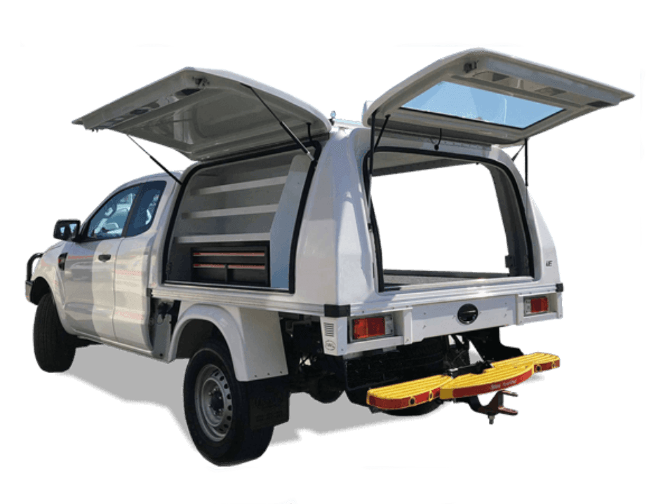A white truck with its doors wide open, available for rent at Discount Leasing. Your journey starts here!
