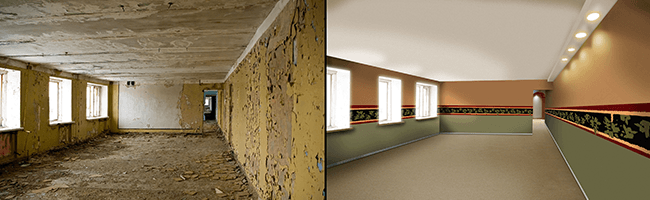 Before-and-after view of a bare room being renovated into a finished interior with carpet and lights