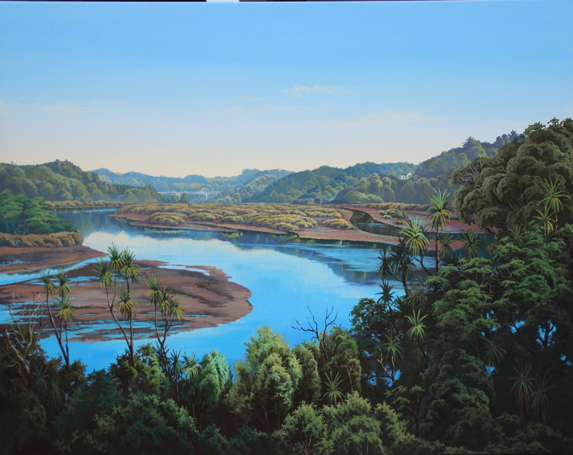 A painting of a river surrounded by trees