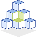 A stack of blue and white cubes with a green cube in the middle.