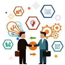 Two businessmen shaking hands in front of a light bulb and gears.