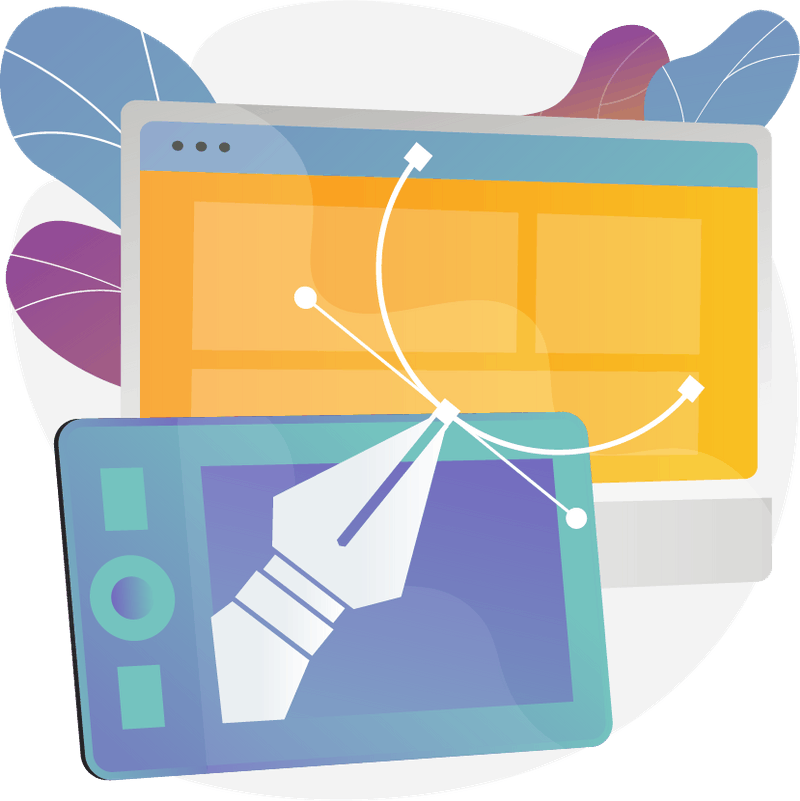 An illustration of a pen on a tablet next to a computer.