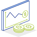 A graph with a dollar sign and coins next to it.