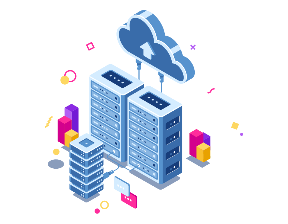 An isometric illustration of a cloud connected to a server.