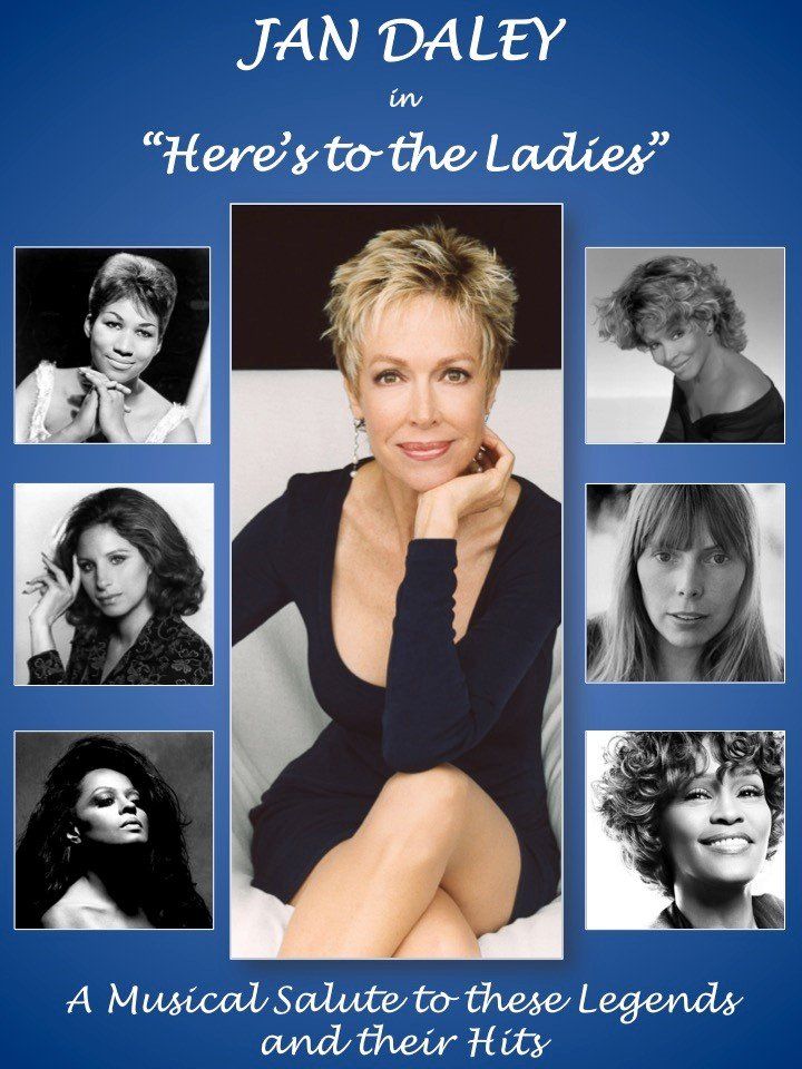 Album cover for Jan Daley’s “Here’s to the Ladies,” with central portrait and six black-and-white photos on blue background