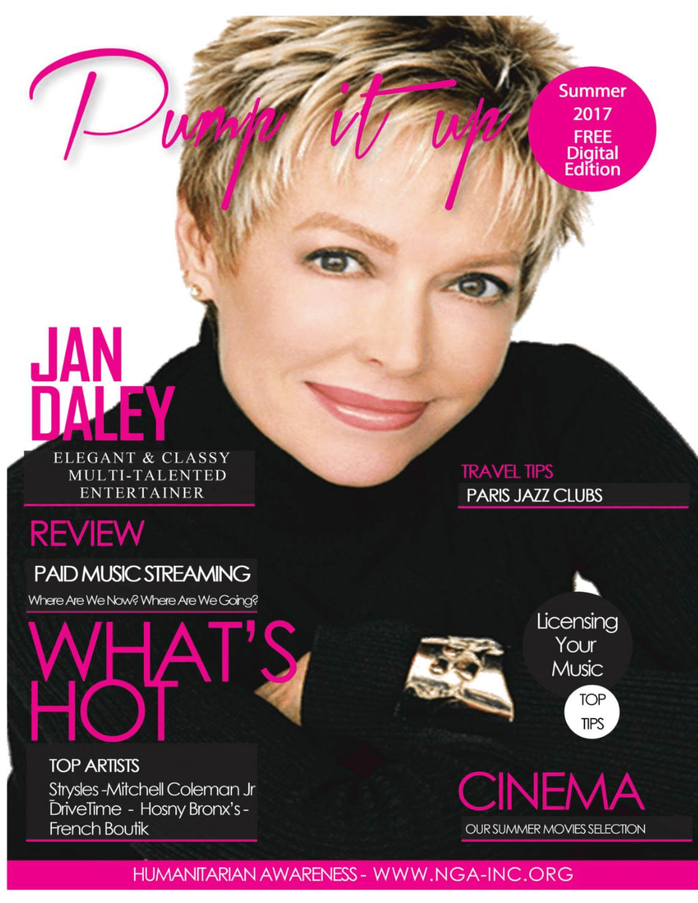 Jan Daley magazine cover with short blond hair, pink title text, and theater/cinema listings