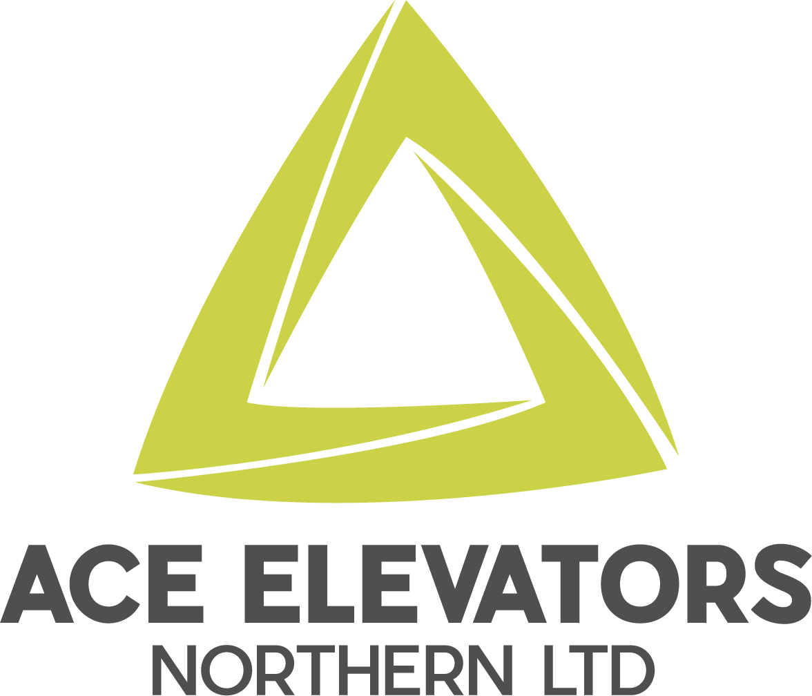 Logo for Ace Elevators Northern Ltd. Features a lime green triangle with lines inside, and text: 