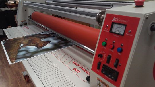 Laminating machine with a color photo of a squirrel being laminated. The machine has red accents and control panel.