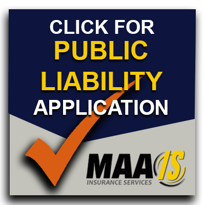 Click for public liability application; orange check mark, MAAIS Insurance Services logo.