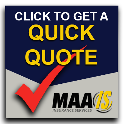 Click here for a quick quote. Graphic features a red checkmark, yellow text, and MAAIS Insurance Services logo.