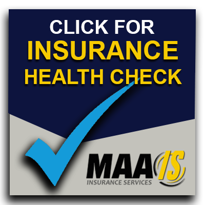 Click for insurance health check. Blue checkmark, text on dark blue and light gray background, MAAIS Insurance Services logo.