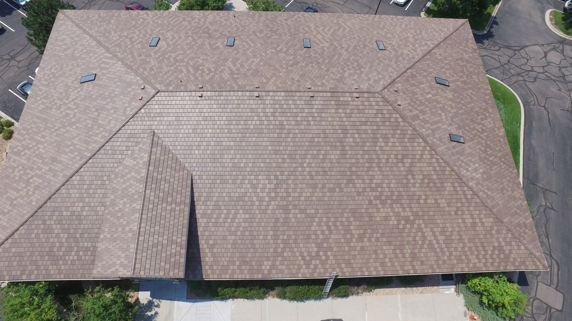Aerial view of a freshly installed roof.