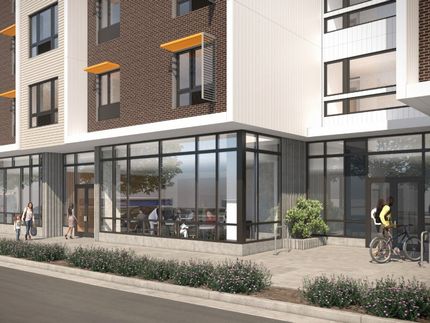 Rendering of the ground floor of a multi-use building showing retail spaces