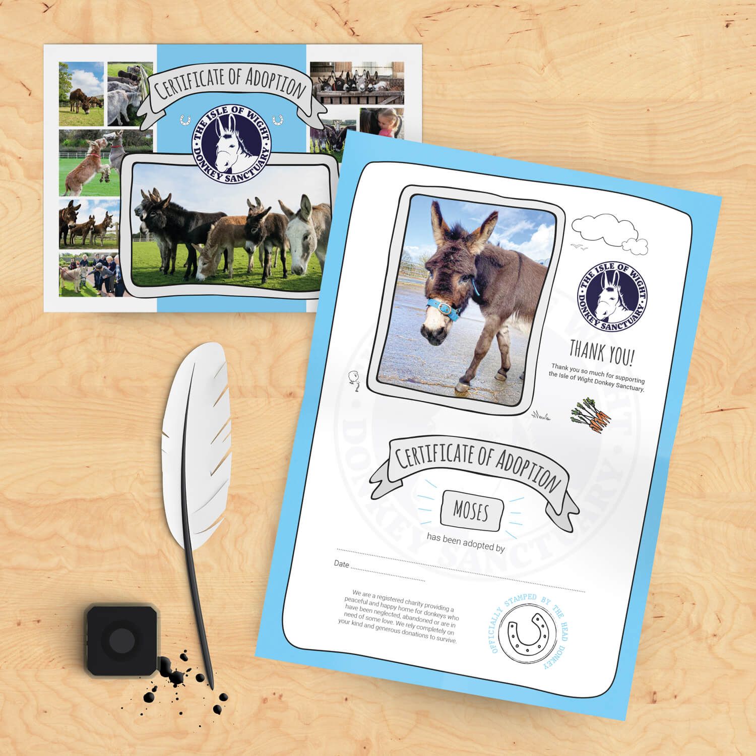 Folded A4 adoption certificate for the Isle of Wight Donkey Sanctuary, designed by MooksGoo