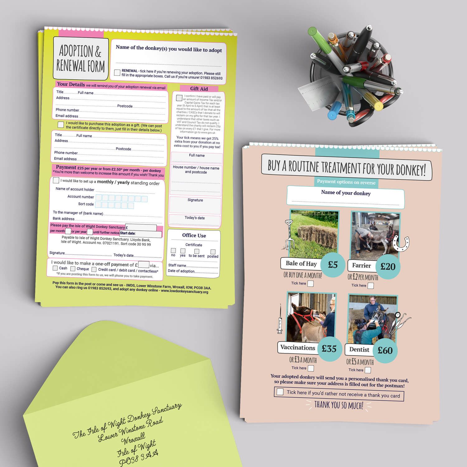 Colourful adoption and treatment form for the Isle of Wight Donkey Sanctuary, designed by MooksGoo