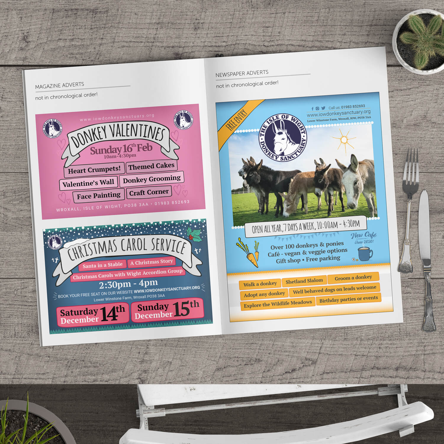 Advert designs for magazine and newspapers for the Isle of Wight Donkey Sanctuary, designed by MooksGoo