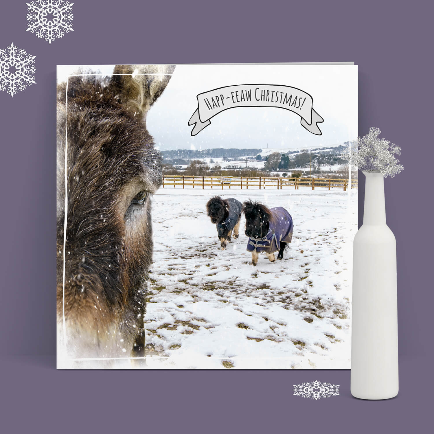 Christmas card with donkeys for the Isle of Wight Donkey Sanctuary, designed by MooksGoo