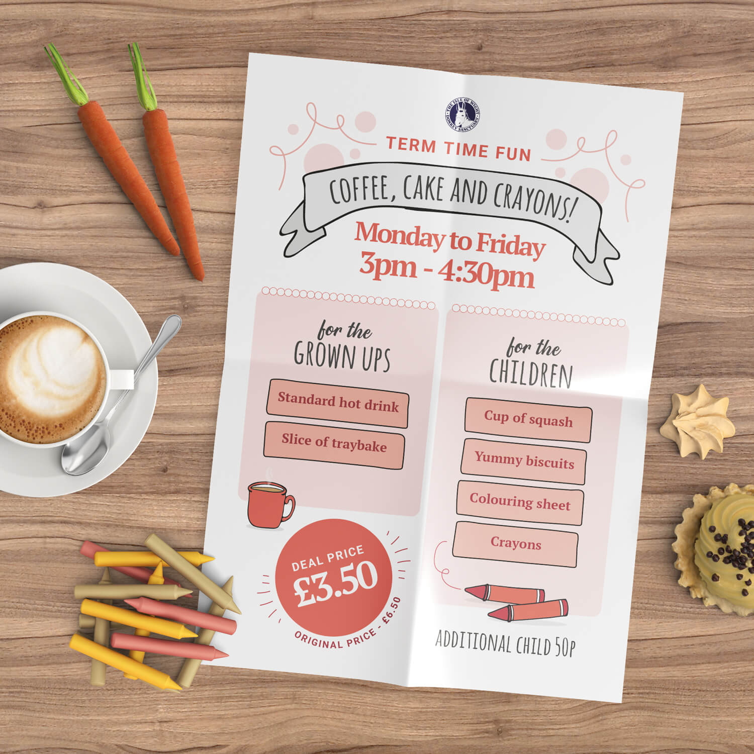 After school coffee, cake and carrots poster design for the Isle of Wight Donkey Sanctuary, designed by MooksGoo