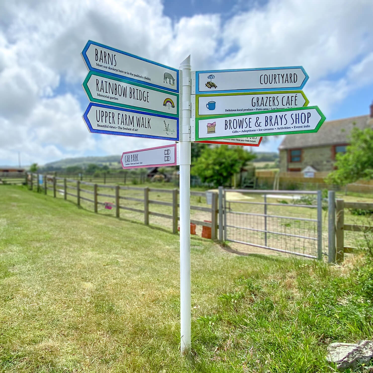 Colourful way-finding and directional signage for the Isle of Wight Donkey Sanctuary, designed by MooksGoo