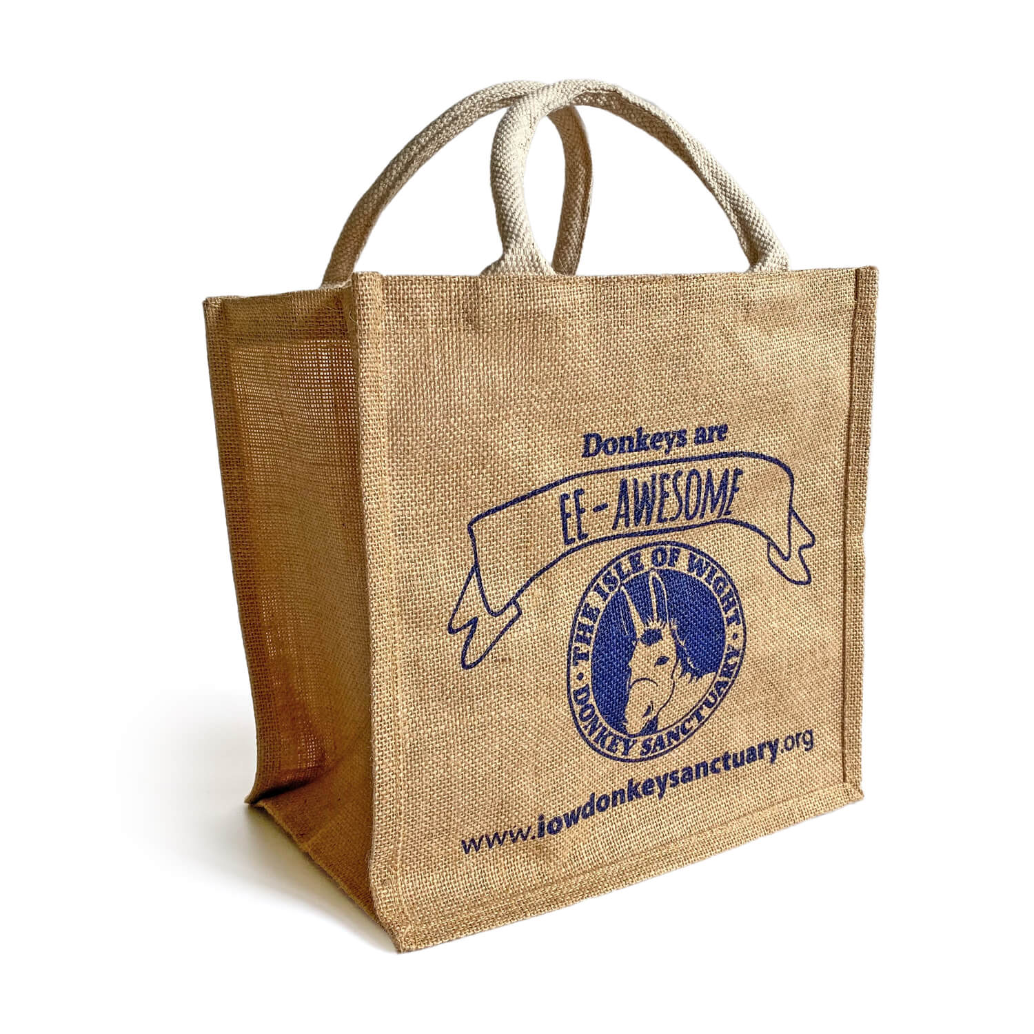 Large natural jute bag for the Isle of Wight Donkey Sanctuary's shop, designed by MooksGoo
