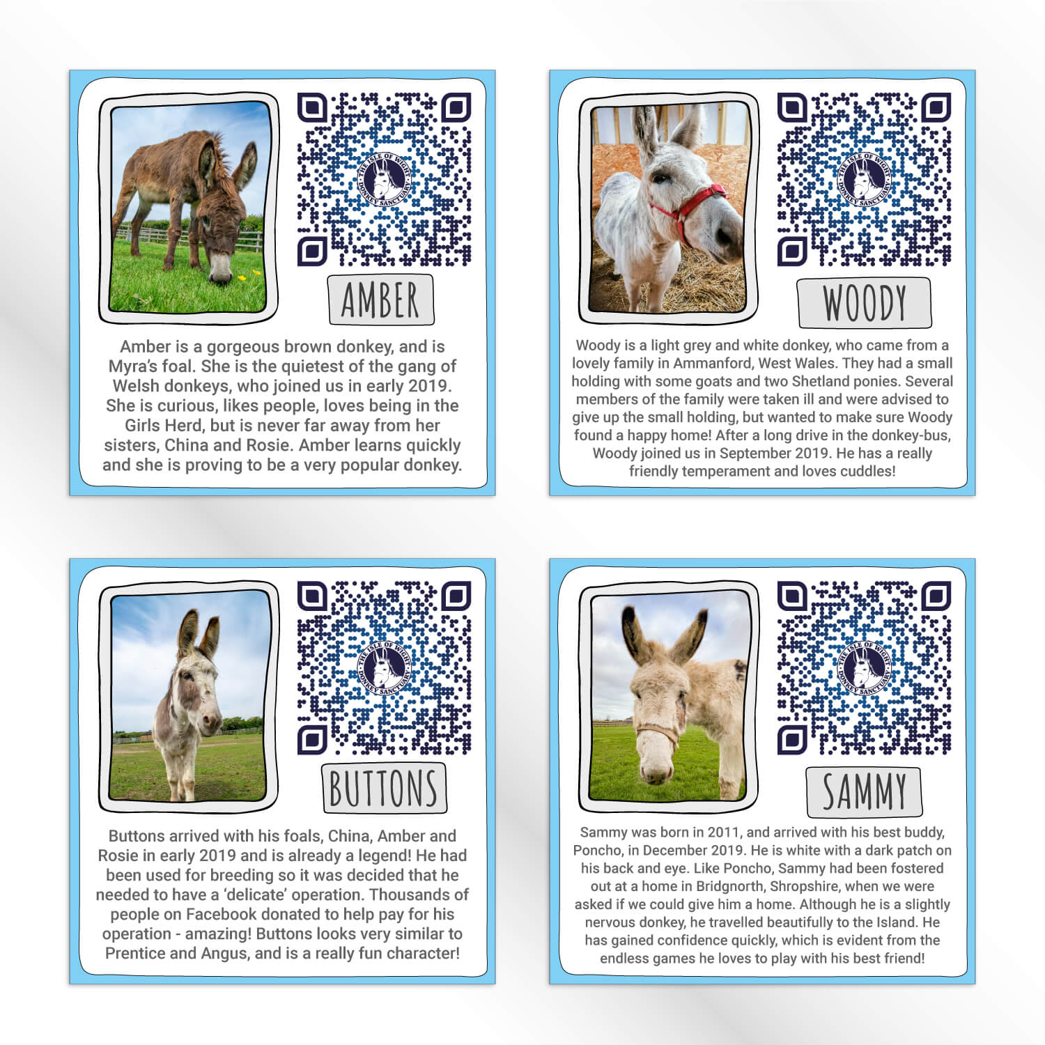 Magnetic QR code plaques for the Isle of Wight Donkey Sanctuary, designed by MooksGoo