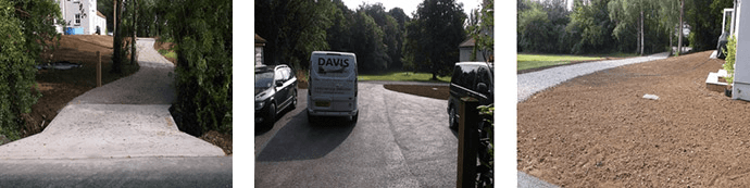 Three outdoor scenes showing driveways, vehicles, and trees.