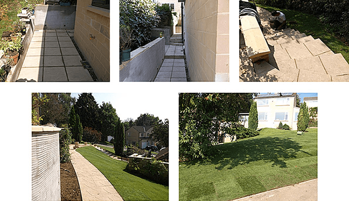 Pathways and yard: paved walkway, grass with landscaping, and stone paths.