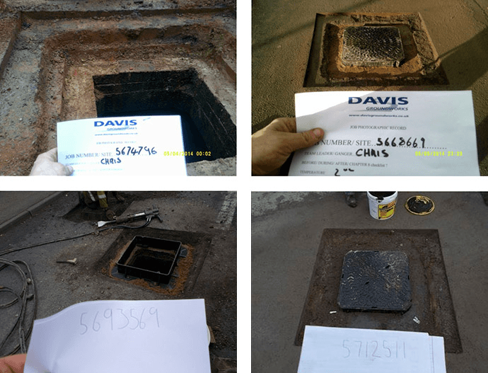 Four photos of Davis utility access points; each shows a hand holding a card with a number and the name