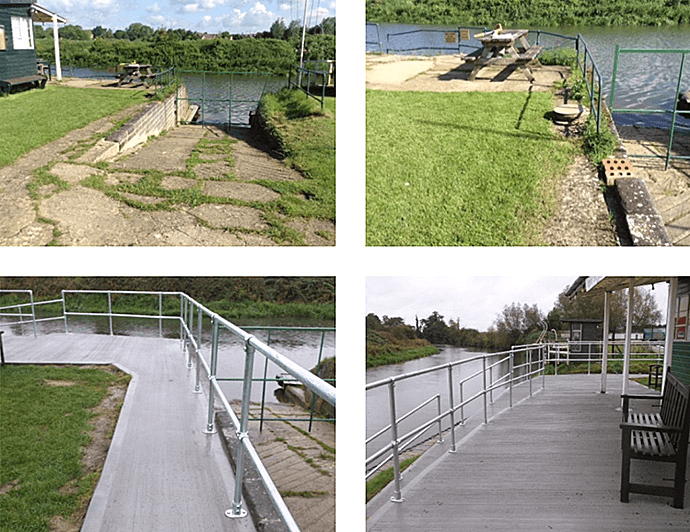 Four views of an accessible riverside area, with ramps, railings, and concrete pathways.