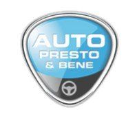 Logo Auto Presto & Bene: scudo blu con bordo argento, testo bianco e piccolo volante.