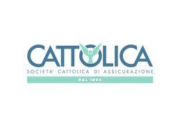 Cattolica insurance logo: blue text, teal accents, angel symbol, 