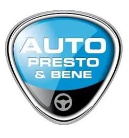 Logo per Auto Presto & Bene, scudo blu e nero con bordo argentato e icona del volante.