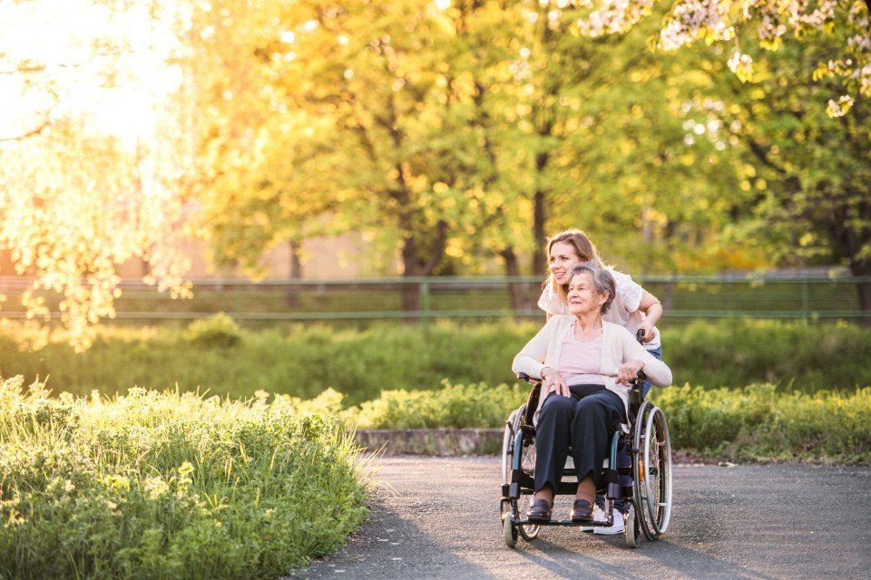 operatrice di una casa di riposo con una donna anziana disabile