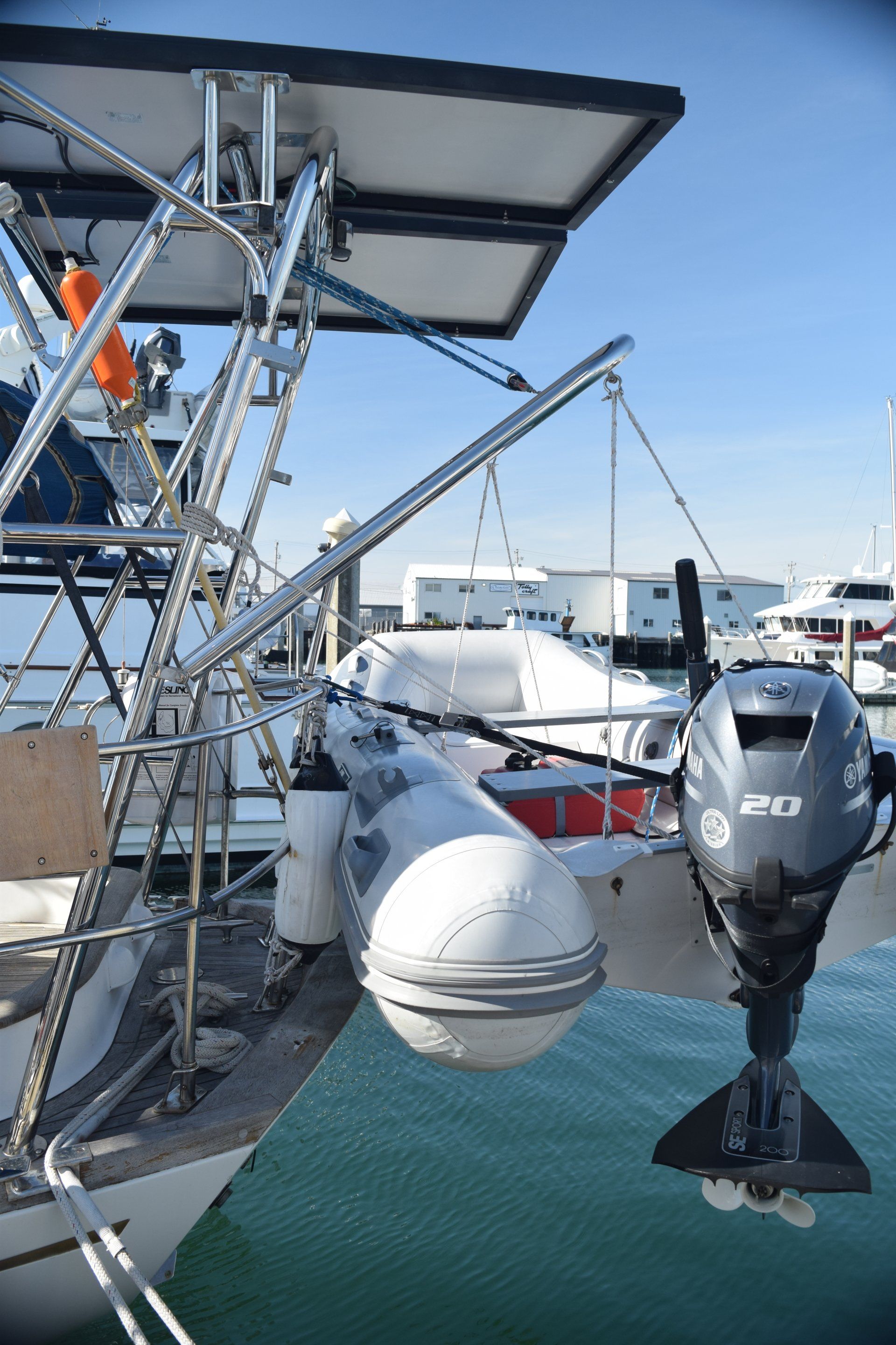 Stainless steel sailboat arch and dinghy davit system by Tanner Manufacturing.
