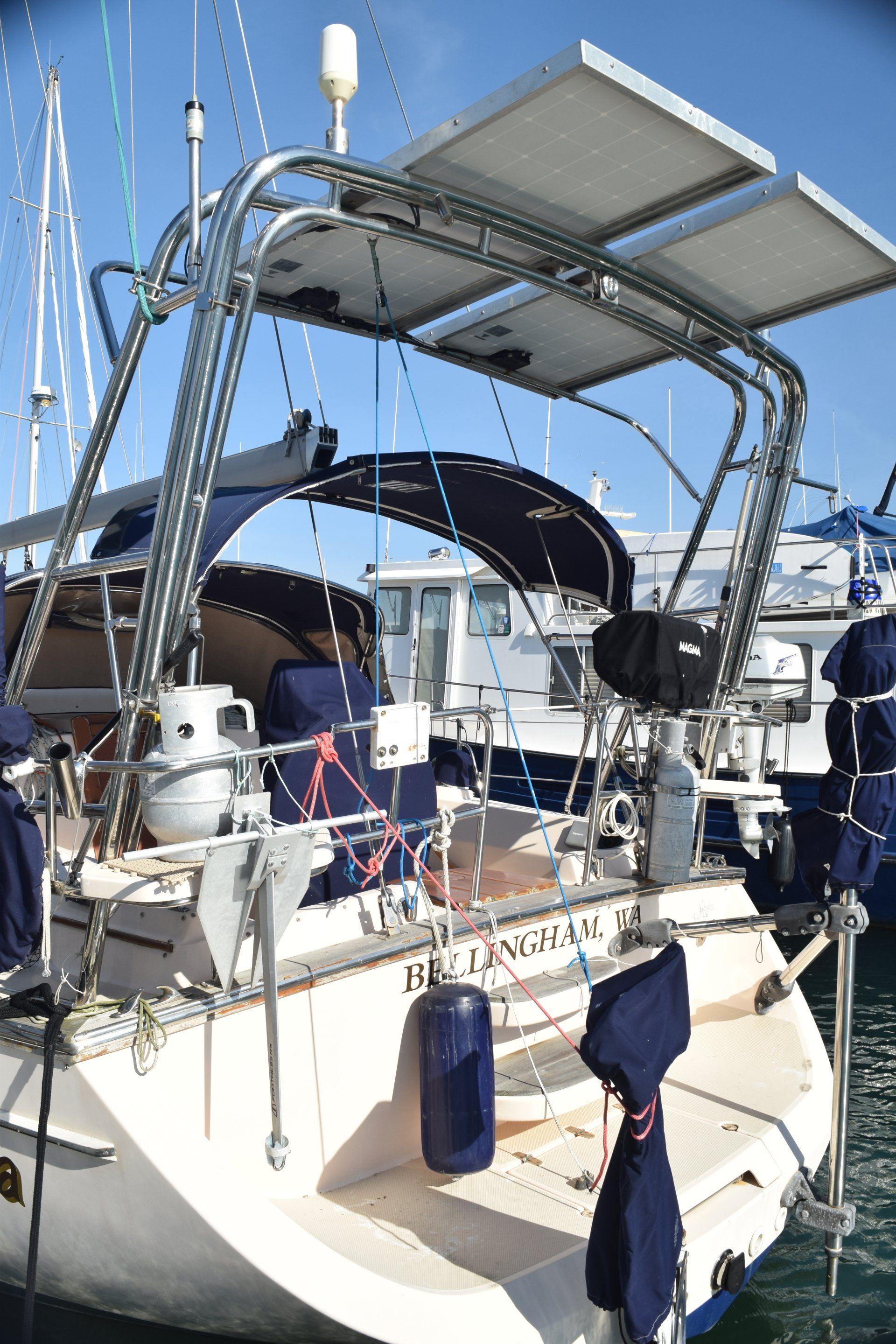 Stainless steel sailboat arch with solar panels