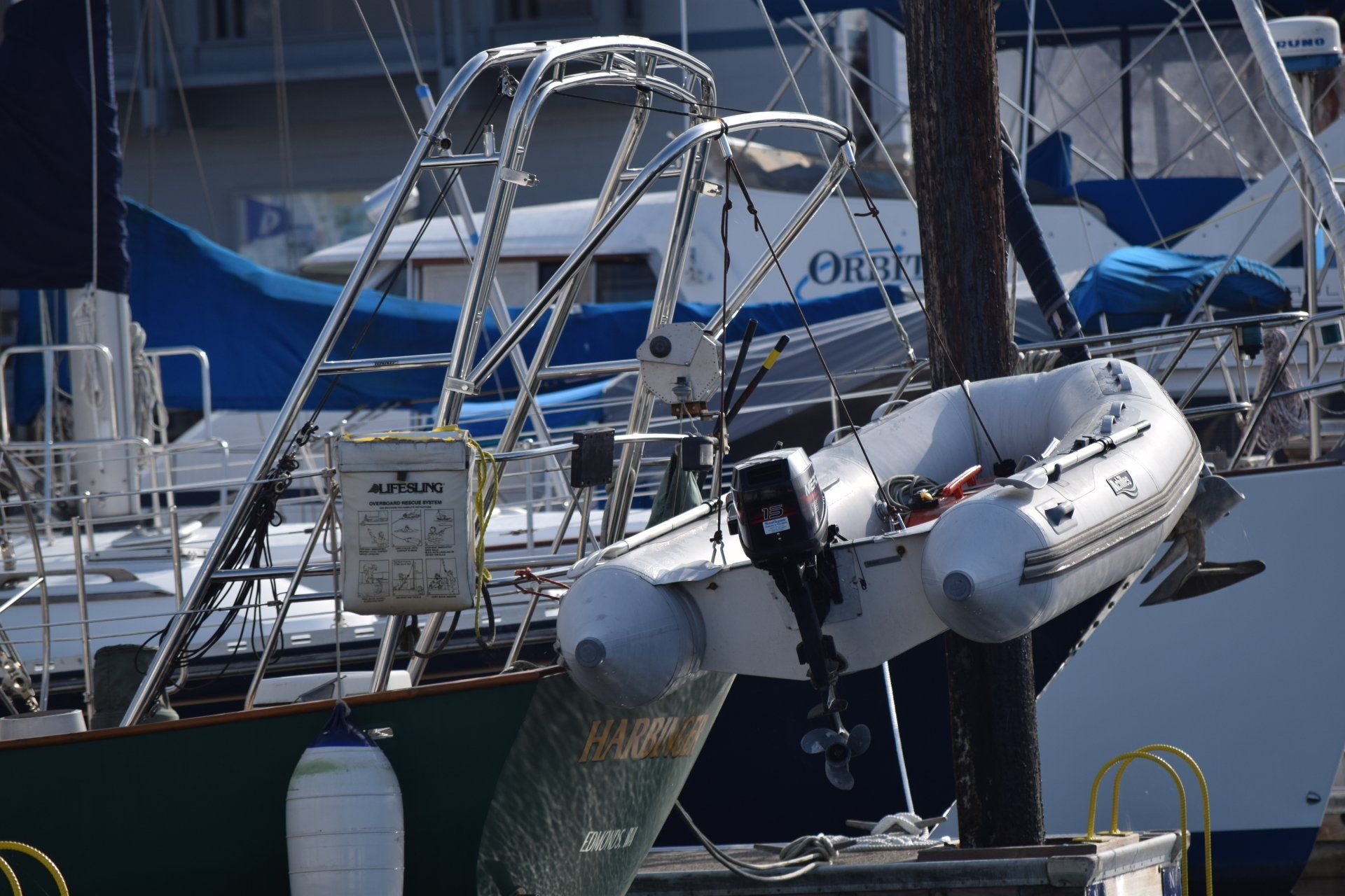 Stainless steel sailboat arch and dinghy davit system by Tanner Manufacturing.