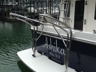 Stainless steel davit system by Tanner Manufacturing installed on a swim platform.